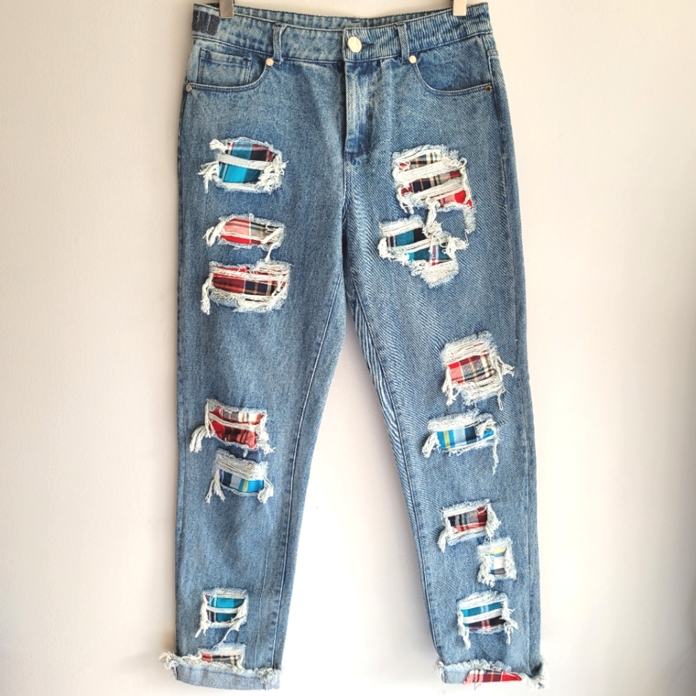 House of Holland Plaid Patchwork Distressed Jeans